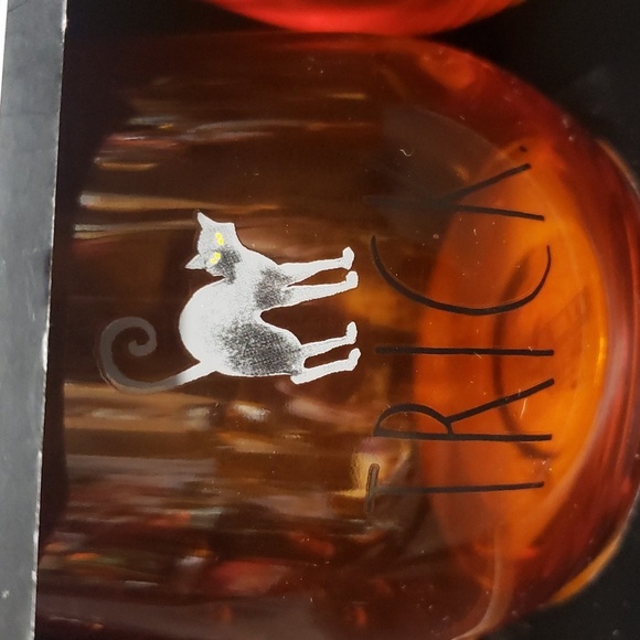 Rae Dunn NWT "TRICK" and "TREAT" Set/2 Stemless Orange Wine Glasses - Picture 2 of 6